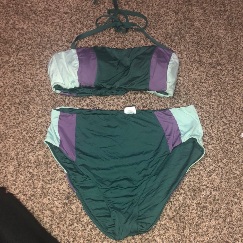 Multi color green and purple two piece swim suit